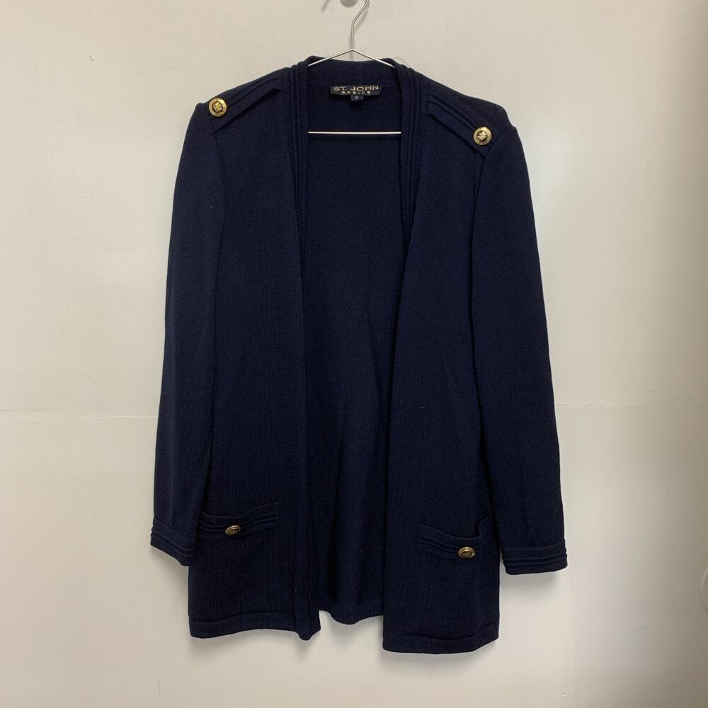 St. John Basics Navy Blue Santana Knit Open Front Cardigan Sweater sz M